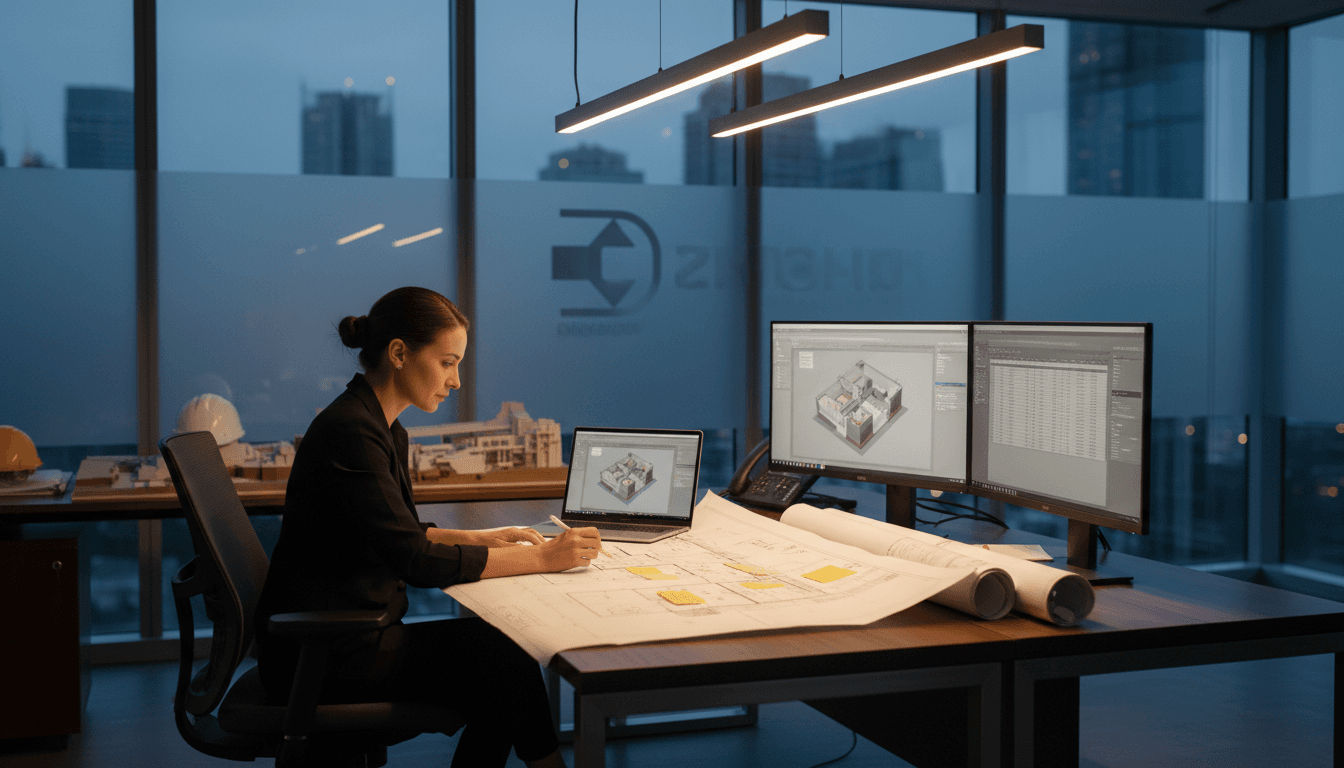 مهندس يراجع الرسومات الهندسية على مكتب احترافي